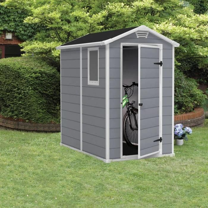 Capanno da giardino grigio con porte aperte, una bicicletta visibile all'interno.