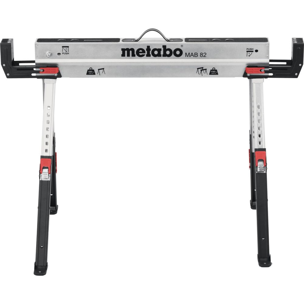 Un supporto Metabo MAB 82 con finitura in metallo argentato e accenti rossi.