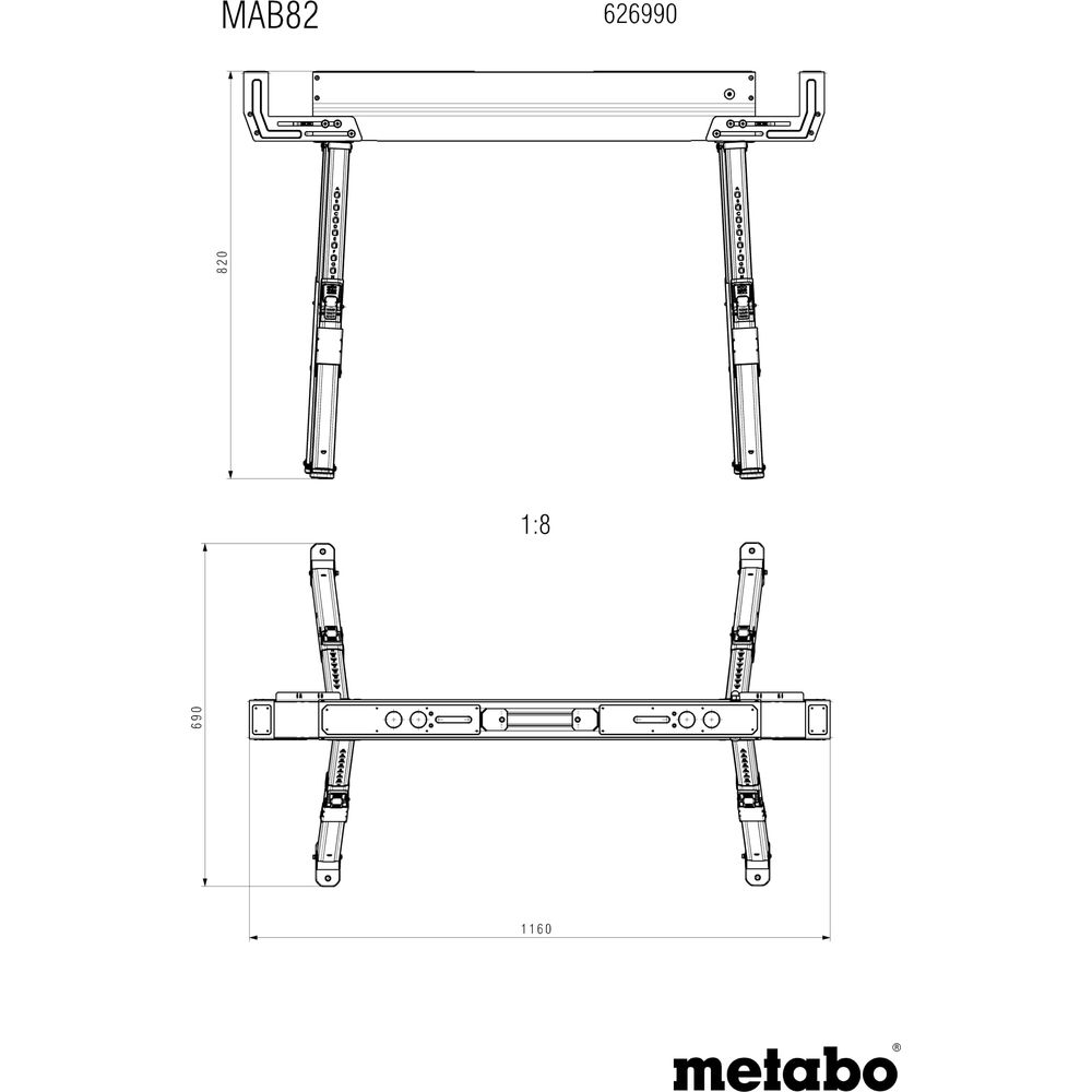 Disegno tecnico di un supporto Metabo MAB82 con dimensioni.