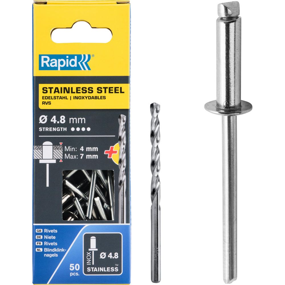 Confezione con rivetti e punta da trapano. A sinistra: Confezione da 50 rivetti in acciaio inox, Ø 4,8 mm.