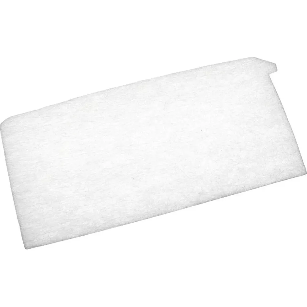 Un filtro bianco rettangolare con superficie testurizzata e una piccola tacca sul bordo destro.