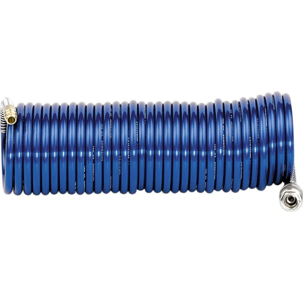 Un tubo dell'aria blu avvolto con raccordi metallici su entrambe le estremità.
