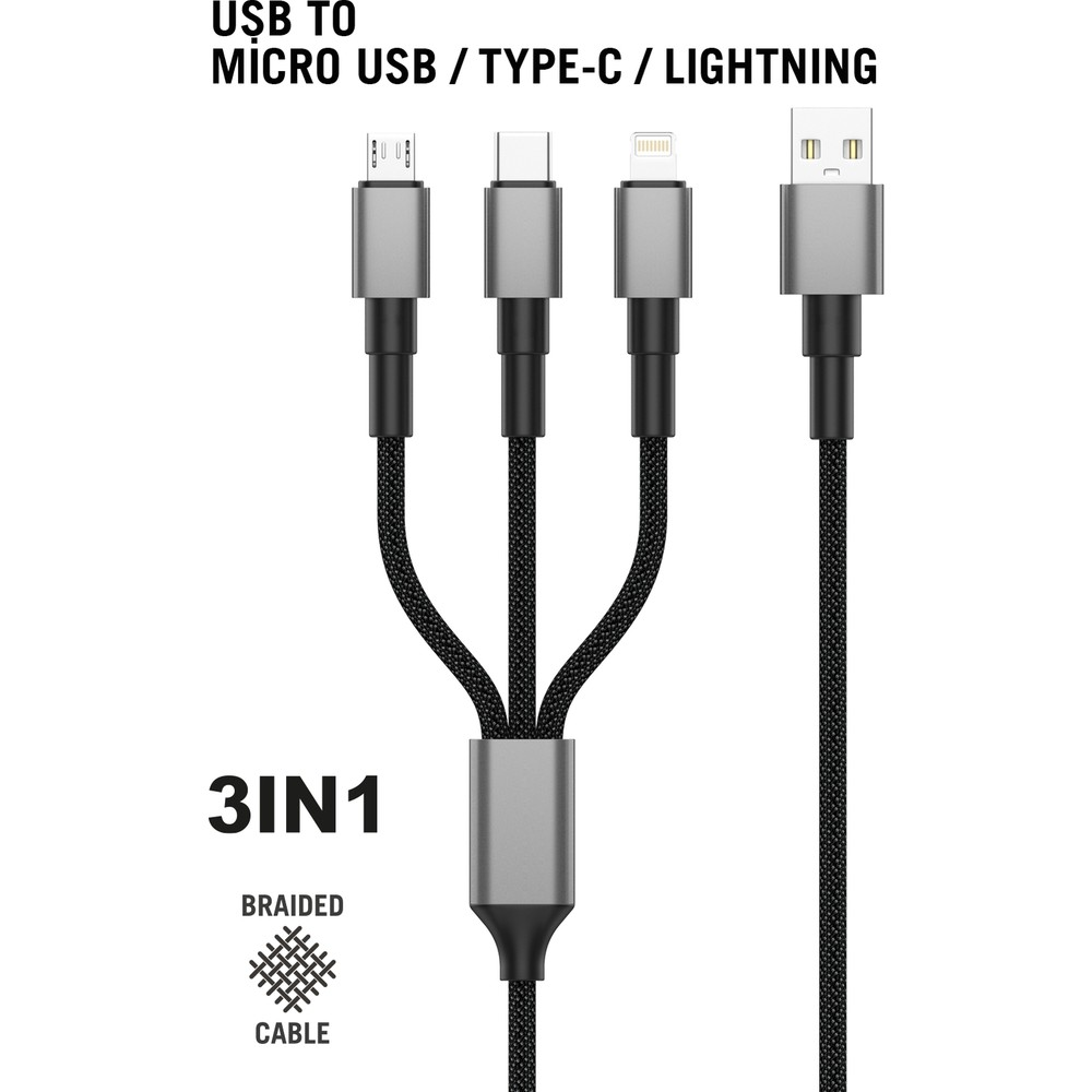 Üç farklı konektöre sahip gri USB kablosu: Micro USB, Type-C ve Lightning.