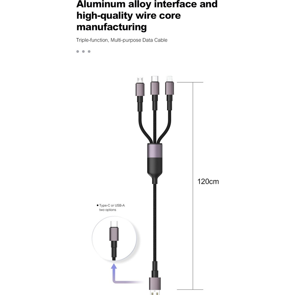 120 cm uzunluğunda, üç konektörlü siyah şarj kablosu.