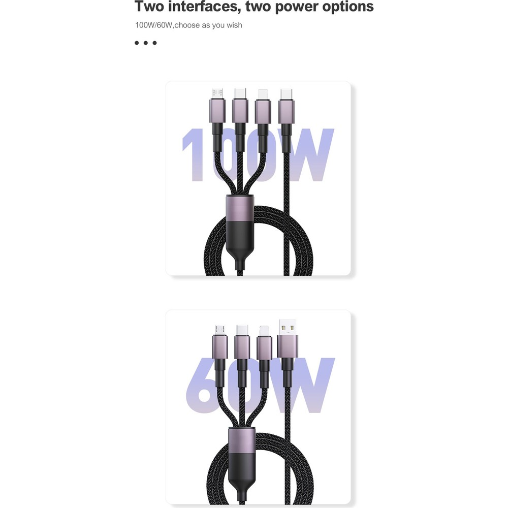 Farklı konnektörlü üç USB kablosu, 100W ve 60W.