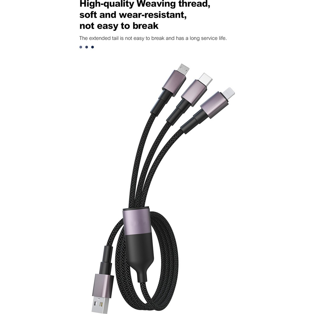 USB-A ve USB-C konektörlü üç örgülü şarj kablosu.