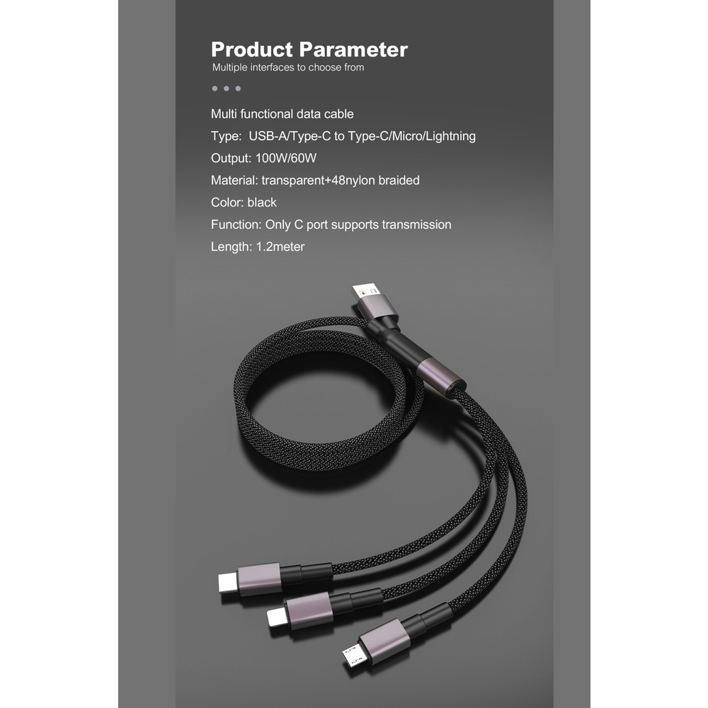 USB-A, Type-C ve Micro-USB konektörlü siyah örgülü USB kablosu.