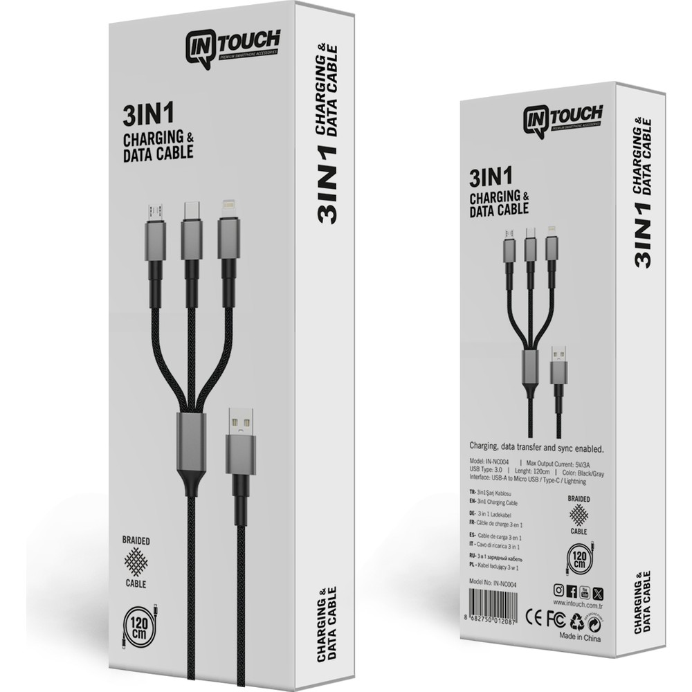 Gri 3'ü 1 arada şarj kablosu, USB-A, Micro-USB, Lightning konnektörlü, beyaz kutuda.