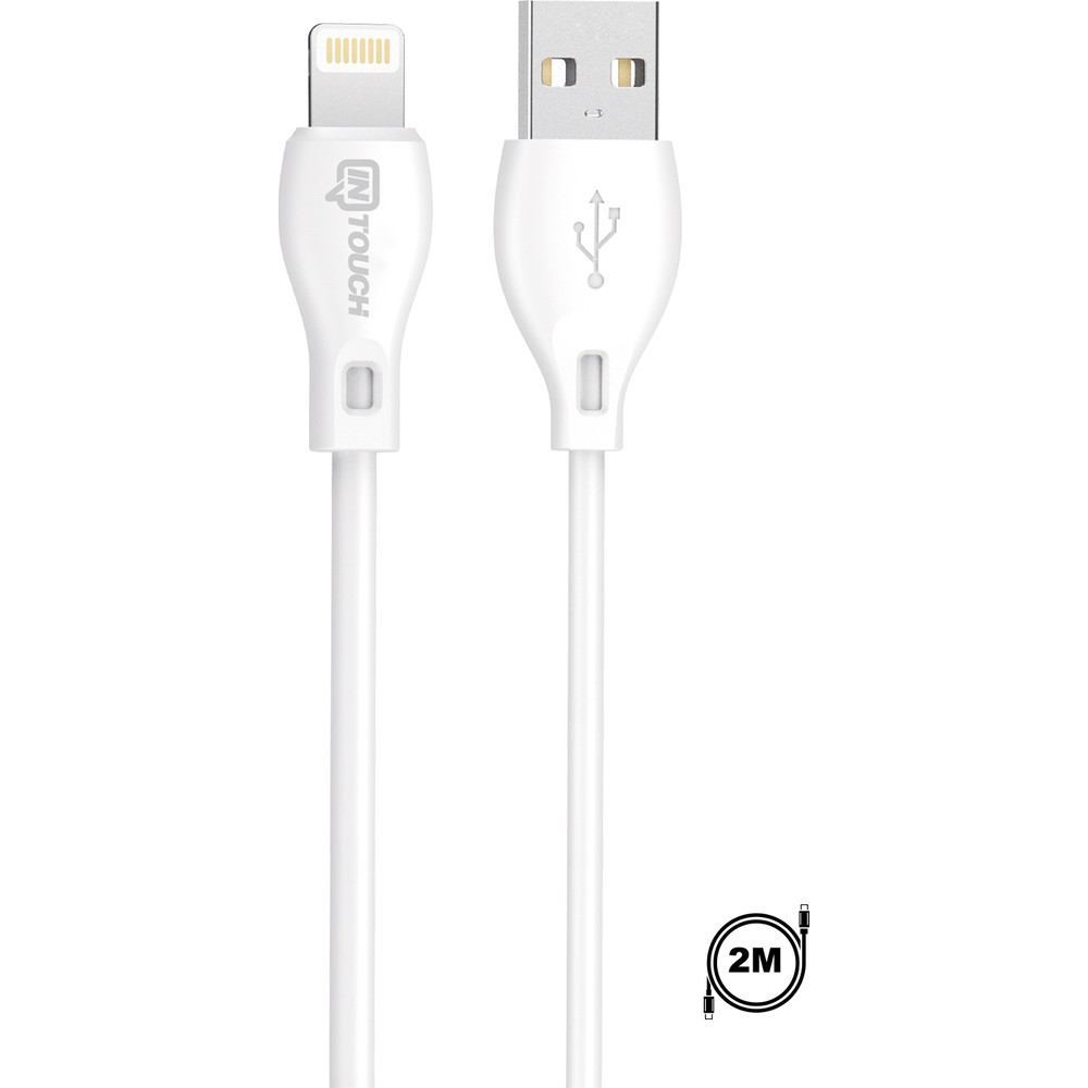 Lightning ve USB-A konektörlü, 2M etiketli beyaz şarj kablosu.