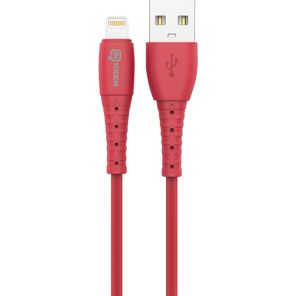 Dokulu tutamaklı ve beyaz Lightning konnektörlü kırmızı bir USB-A - Lightning kablosu.