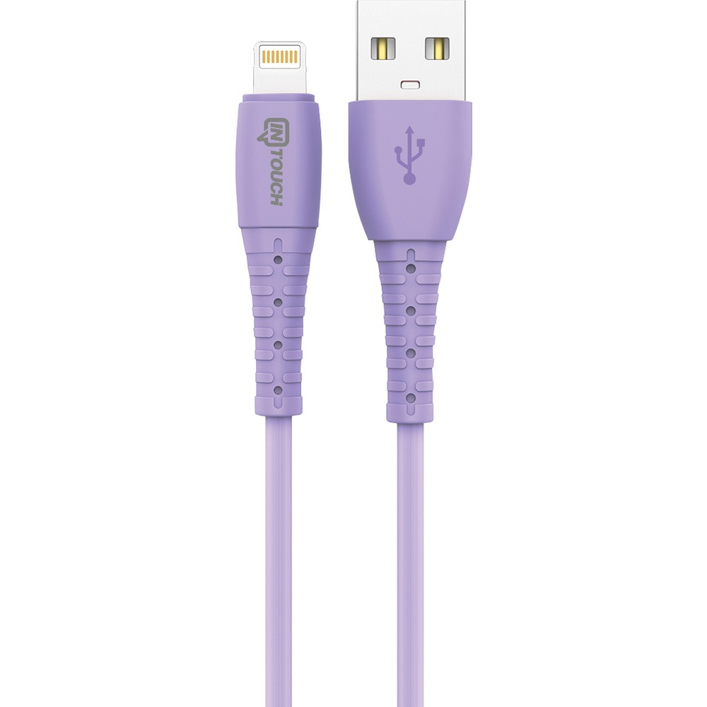 Lightning ve USB konektörlü mor şarj kablosu.