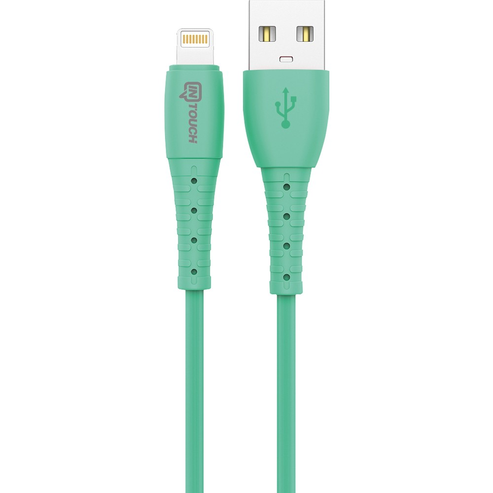 USB-A ve Lightning konektörlü turkuaz şarj kablosu. 'IN TOUCH' markası görünür.