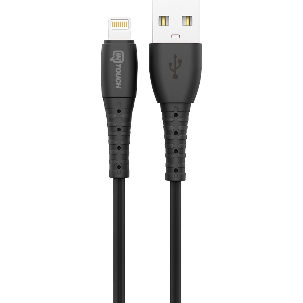 USB-A ve Lightning konektörlü siyah şarj kablosu.