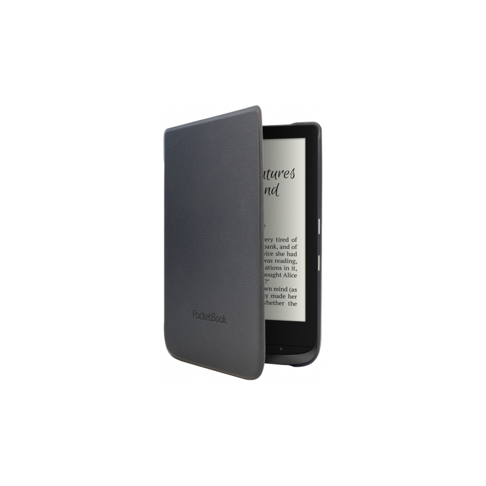 Un lector de libros electrónicos gris con la tapa abierta, mostrando texto en pantalla.