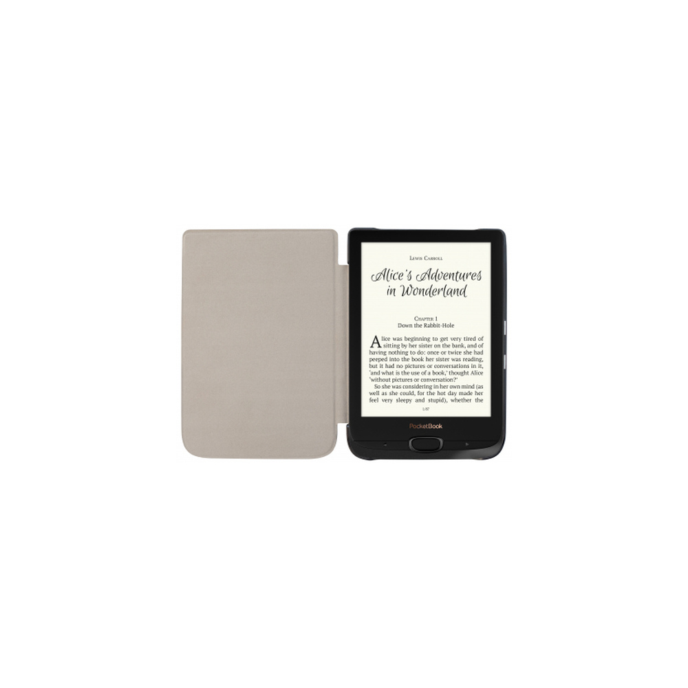 Un lector de libros electrónicos con cubierta beige que muestra Alicia en el País de las Maravillas.