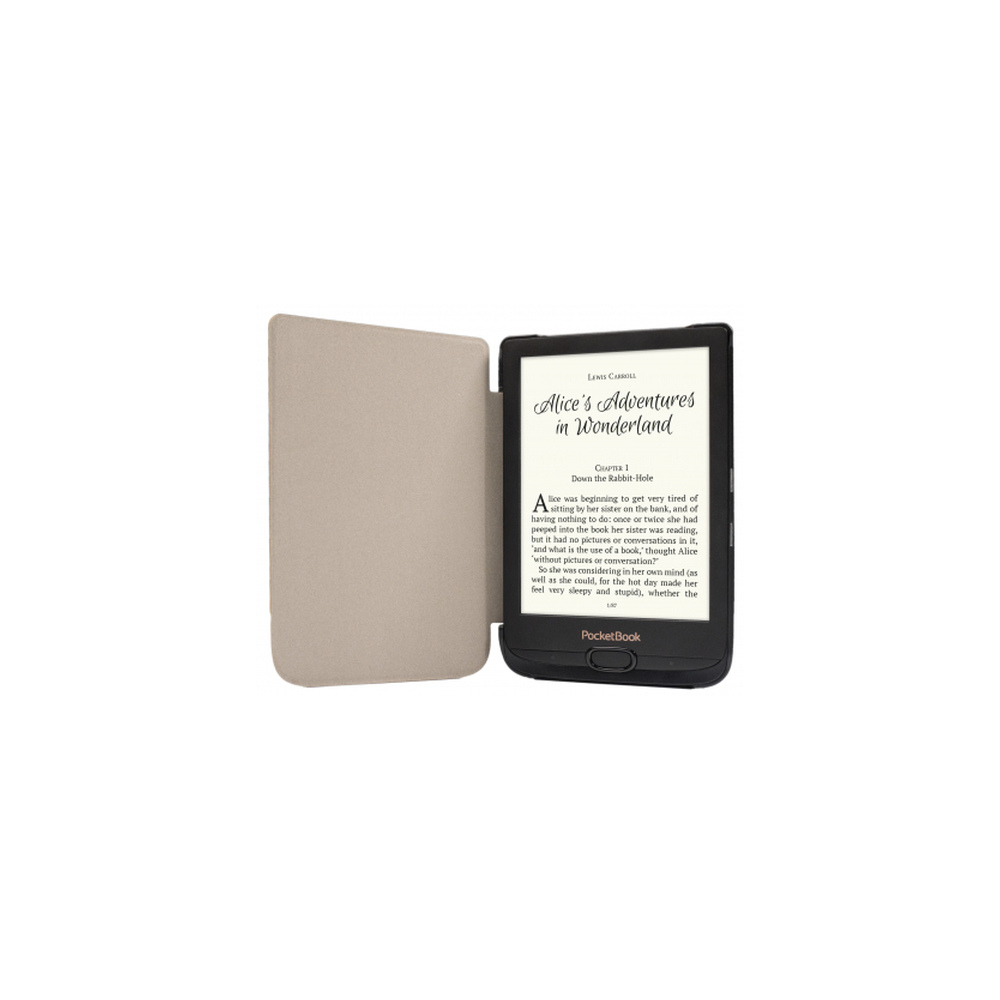 Un e-reader con tapa beige que muestra Alicia en el País de las Maravillas.