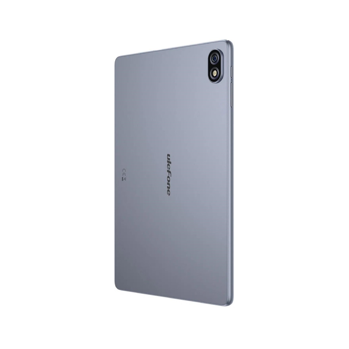 Parte posterior de una tableta Ulefone gris con dos lentes de cámara y marca CE.