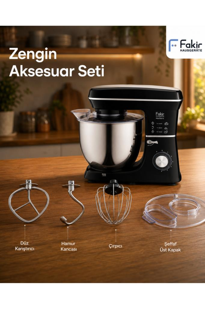 Aksesuar seti olan siyah mutfak mikseri: karıştırma kabı, hamur kancası, çırpıcı.
