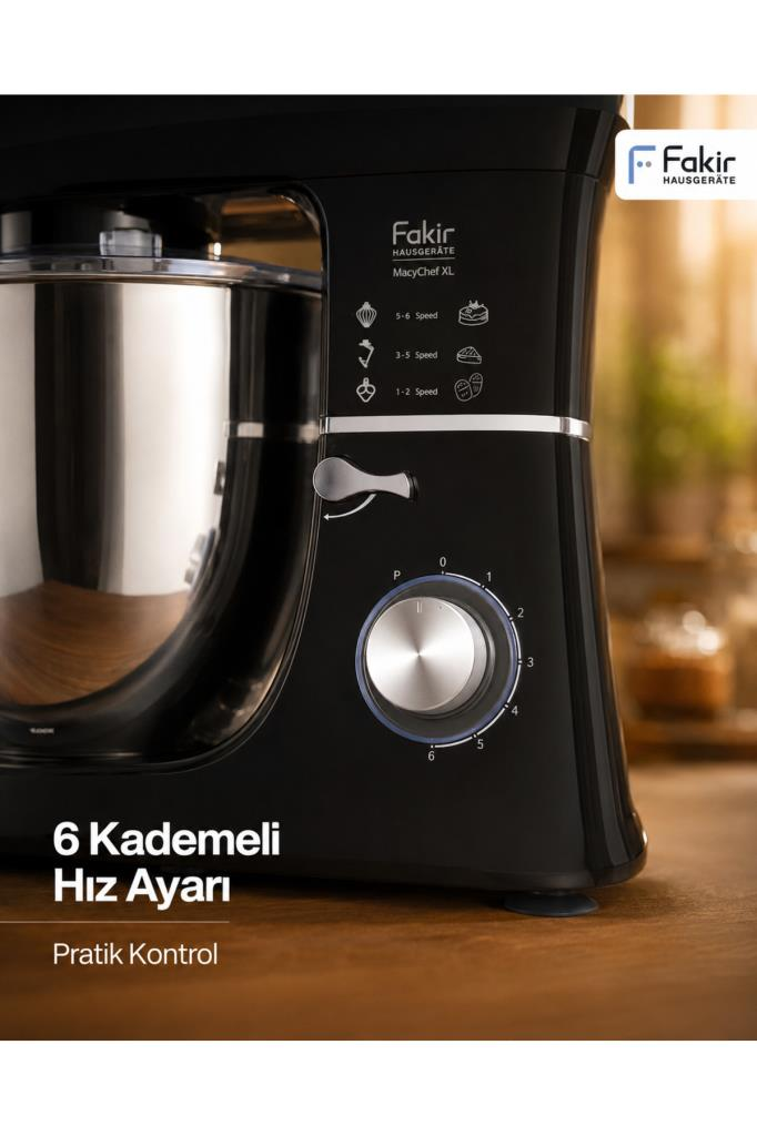 Paslanmaz çelik haznesi ve hız ayar düğmesi olan siyah Fakir stand mikser.