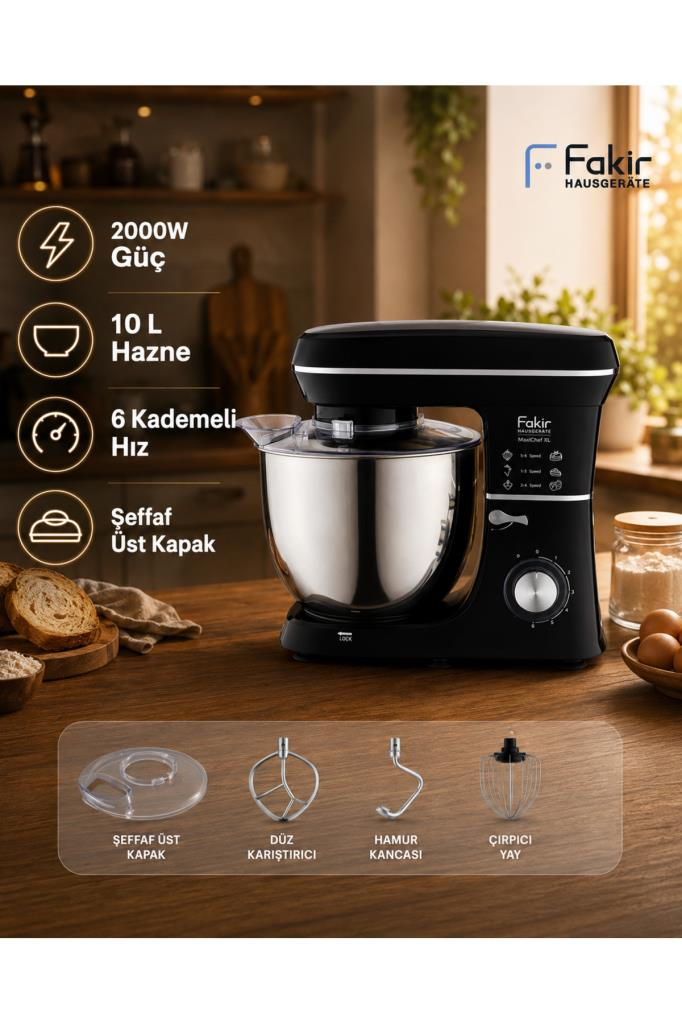2000W güçlü siyah Fakir stand mikseri, 10L hazne ve aksesuarları.