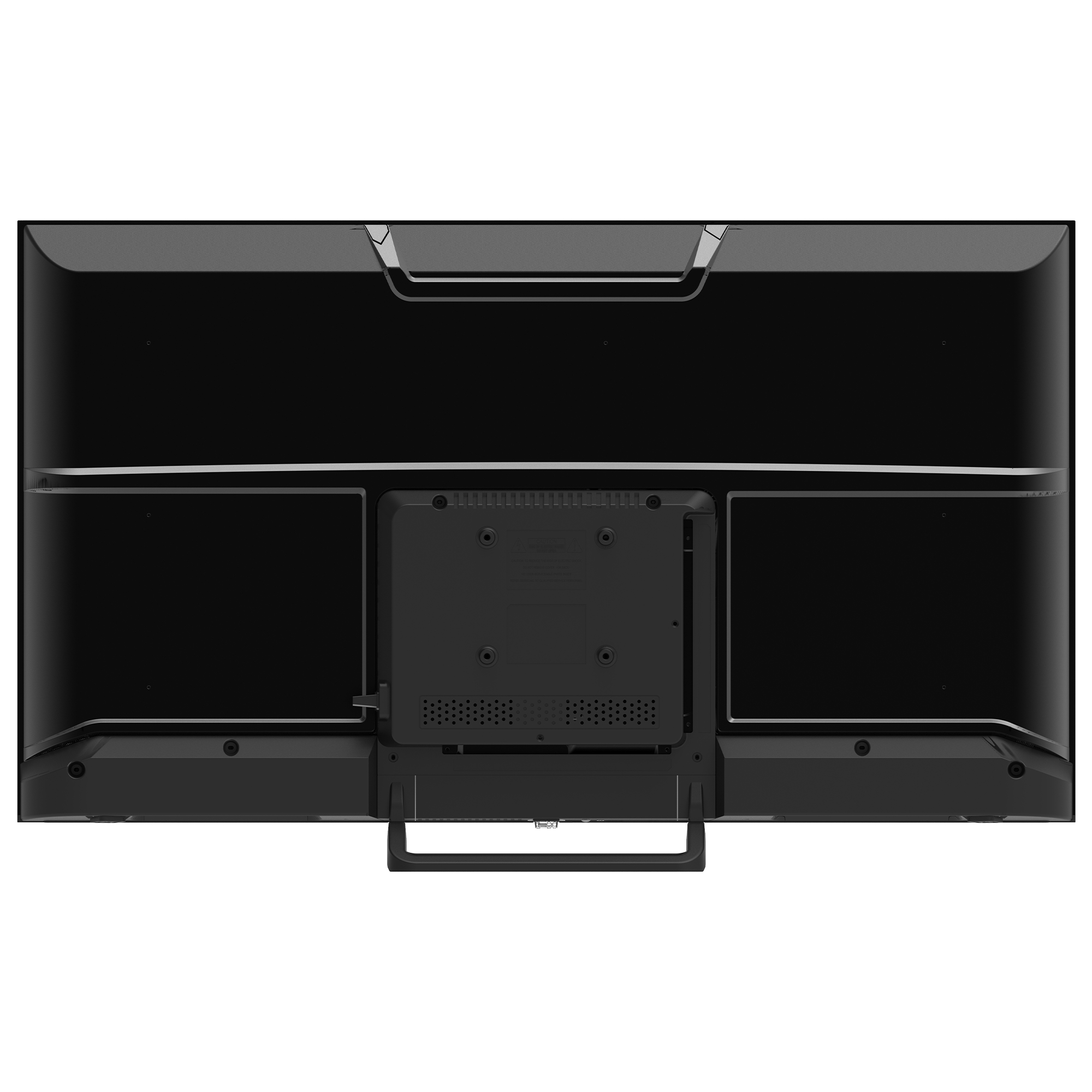 Back view of a black television with stand and ports.