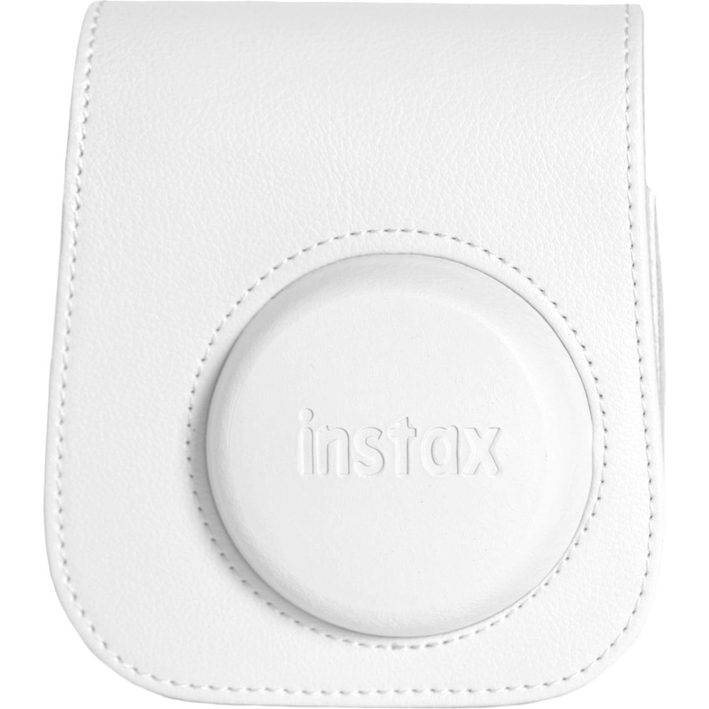 Kabartmalı Instax logosuna sahip beyaz deri anlık kamera kılıfı.