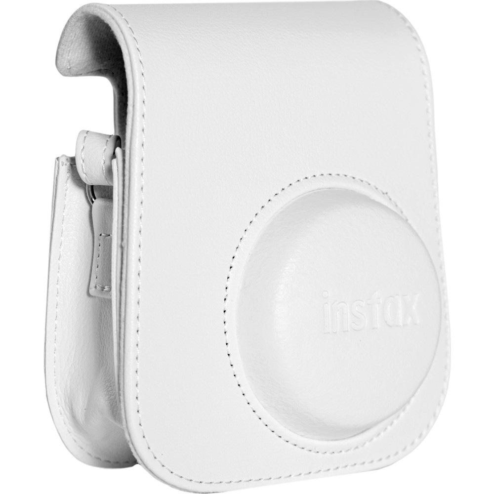 Kabartmalı logo ve dikiş detaylı beyaz deri Instax kamera çantası.