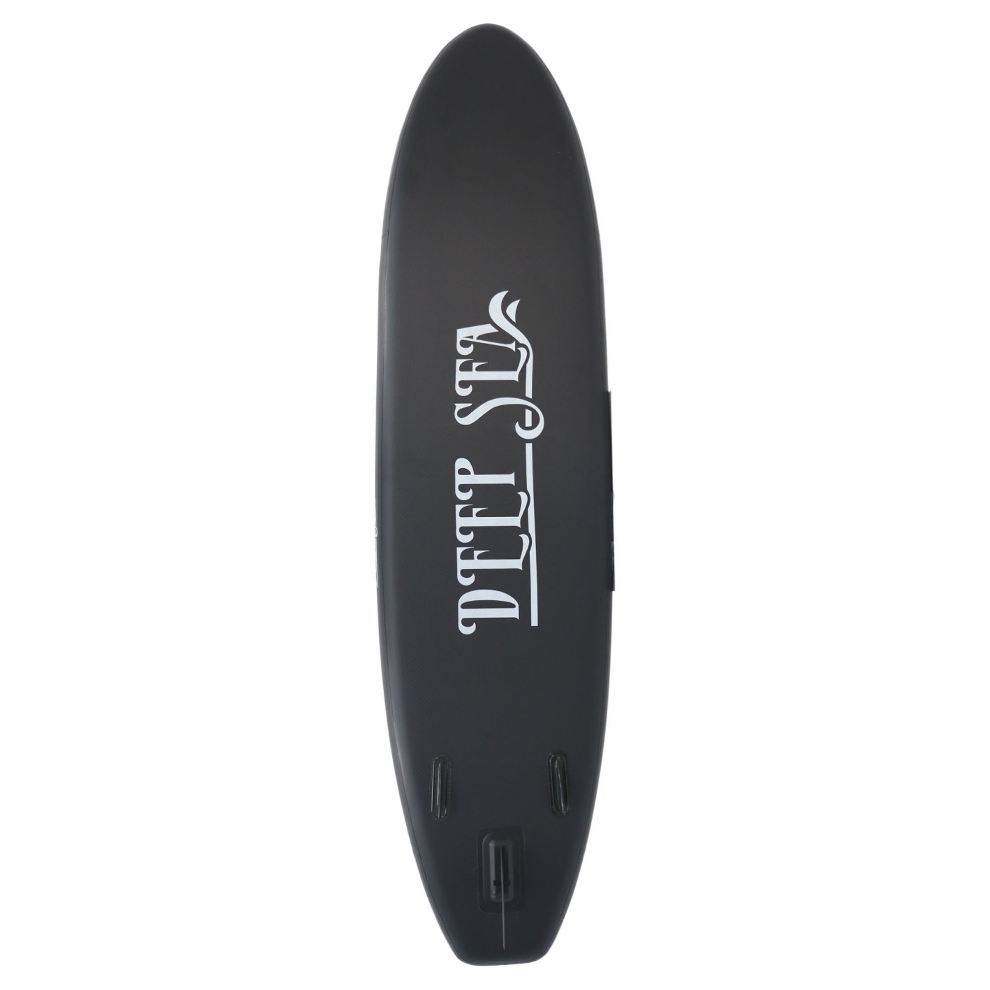 Ein schwarzes Paddleboard mit weißem Schriftzug "DEEP SEA" und Finnen.
