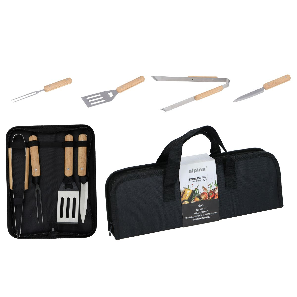 Ein Grillwerkzeugset mit Holzgriffen in einer schwarzen Tragetasche.