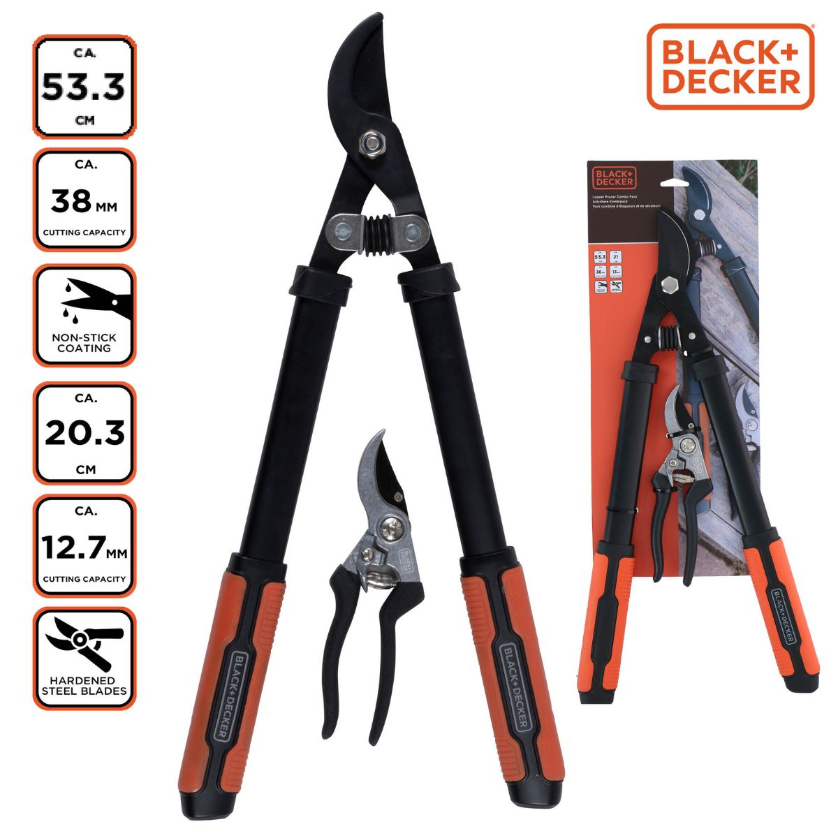 Black+Decker Astschere mit orangen Griffen und eine kleinere Gartenschere. Specs angezeigt.