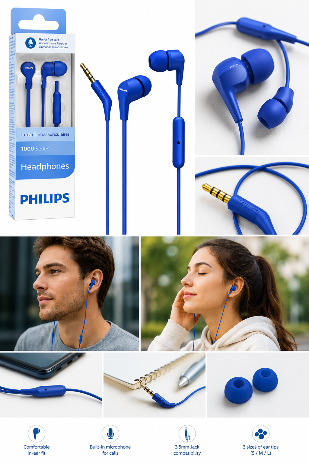 Blue Philips in-ear headphones with microphone and 3.5mm jack.