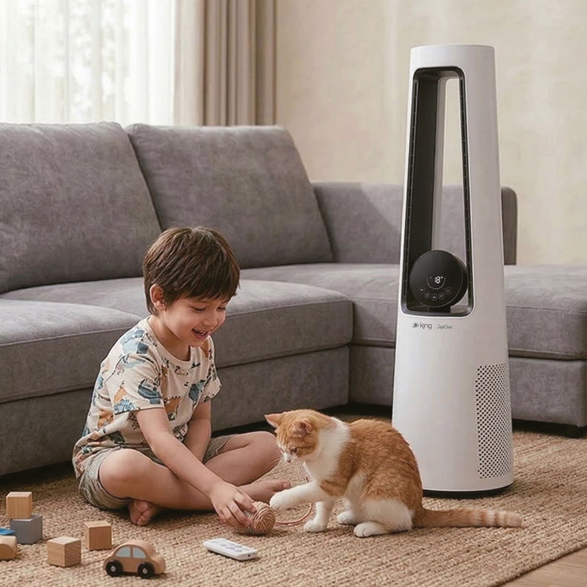 Bir kedi izlerken, bir çocuk yün yumağıyla oynuyor. Yakında bir kule fanı duruyor.