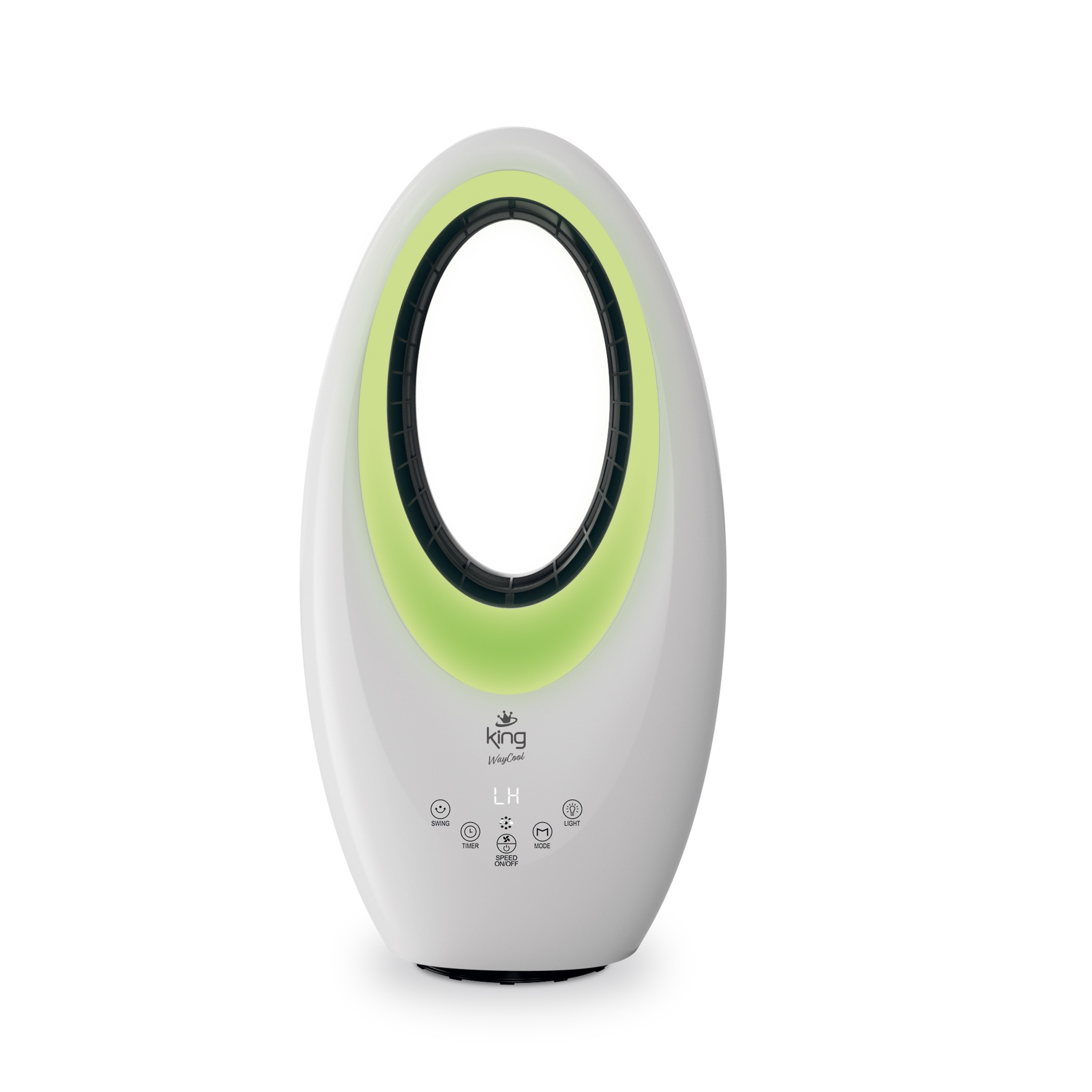Oval açıklıklı ve yeşil aydınlatmalı beyaz kule tipi vantilatör.
