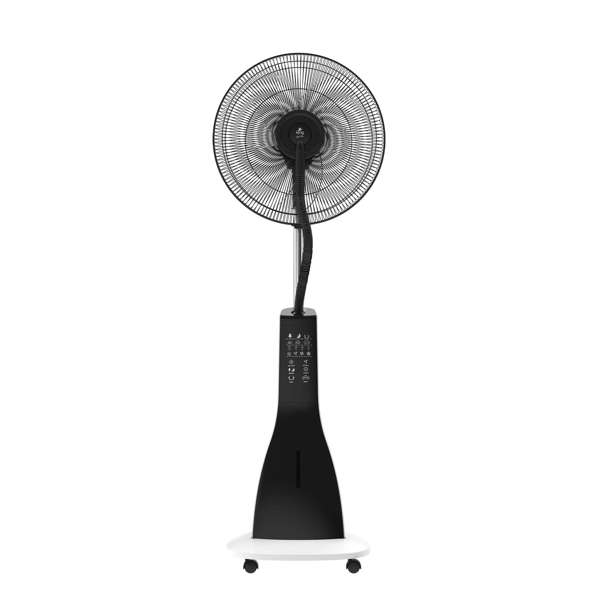 Beyaz zeminde sis fonksiyonlu ve kontrol panelli siyah bir ayakta fan.