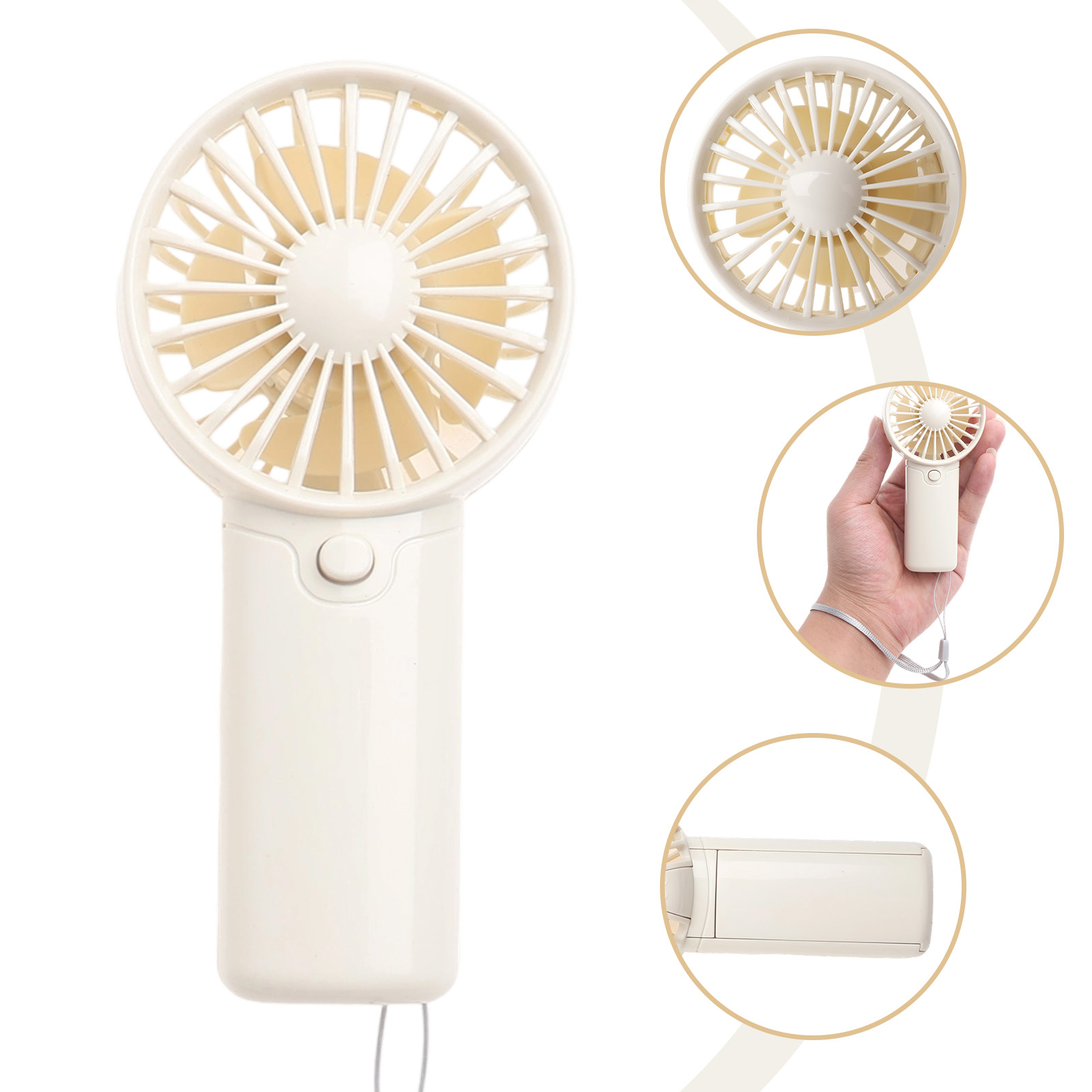 Ein kleiner weißer Ventilator mit cremefarbenen Rotorblättern.