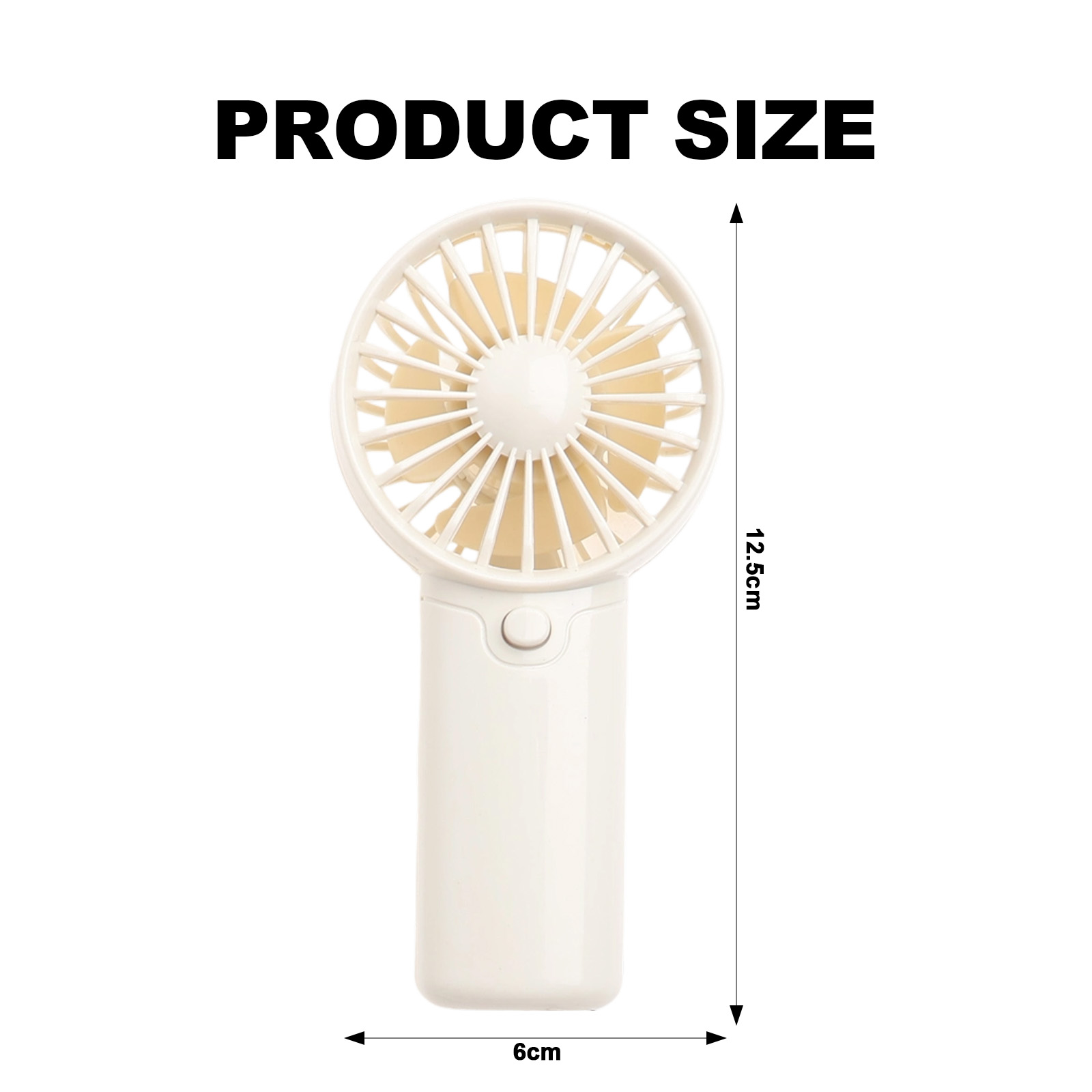 Ein weißer Handventilator mit 12,5 cm Höhe und 6 cm Breite.