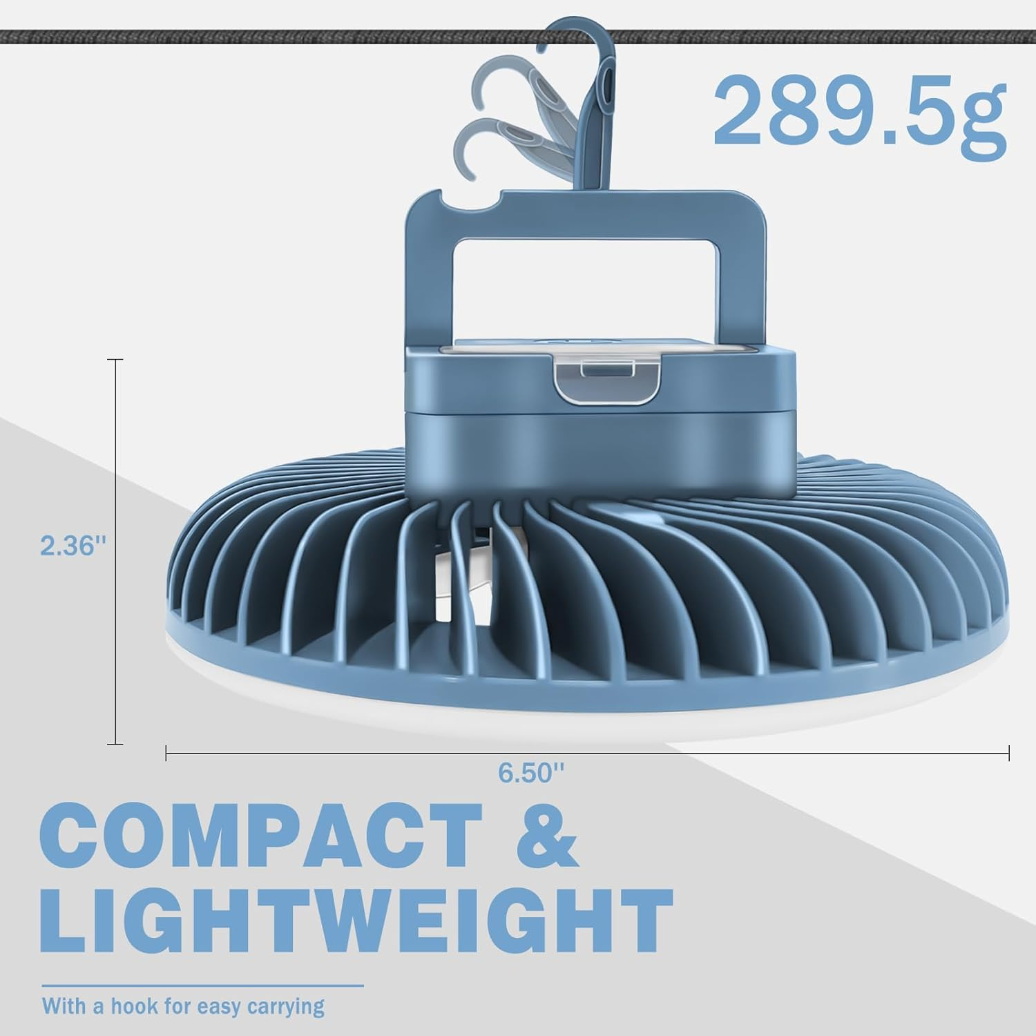Blauer Ventilator mit Haken, 289,5g, 6,5 Zoll breit, 2,36 Zoll hoch.