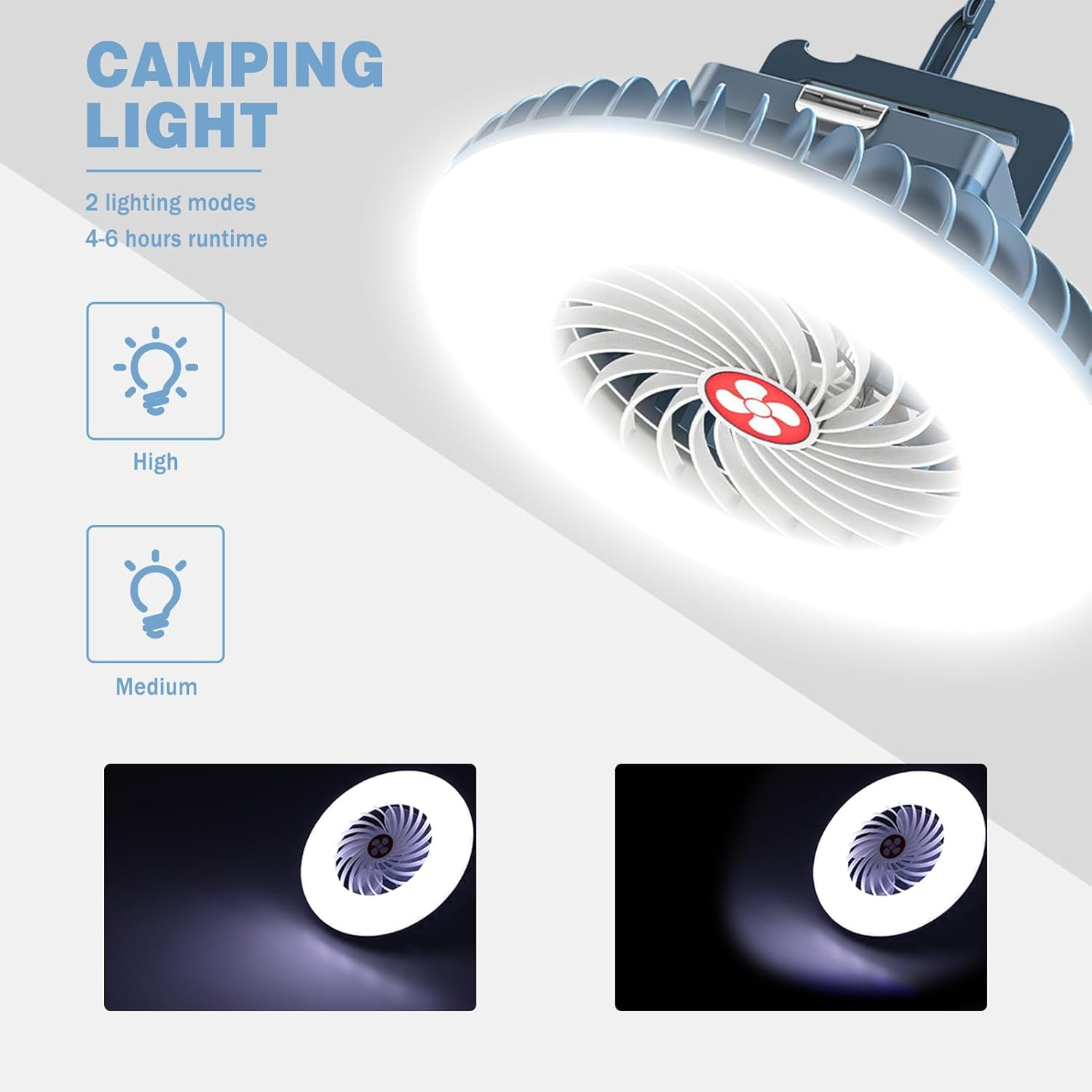Ein Campinglicht mit Lüfter, das zwei Modi hat: Hoch und Mittel.