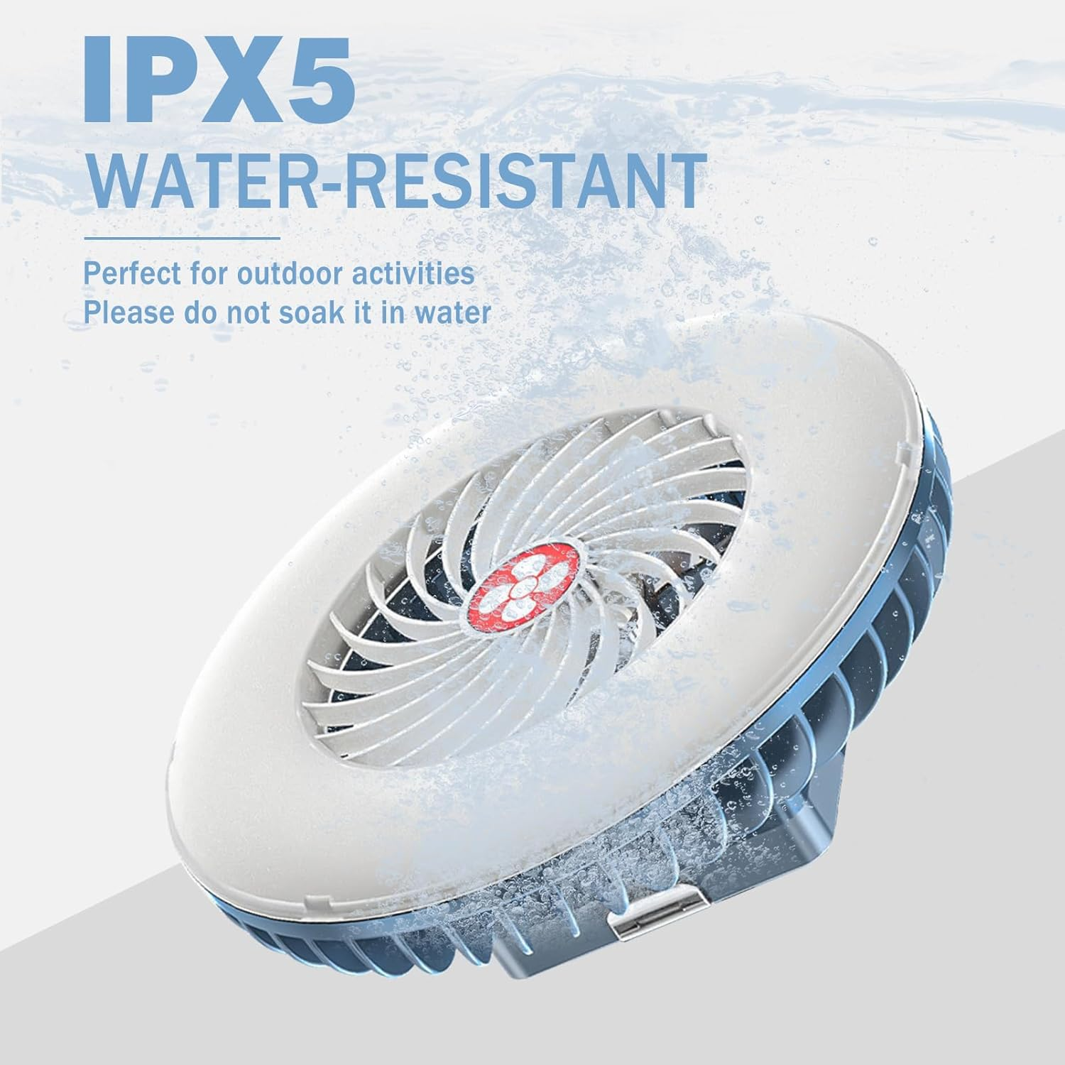 IPX5 wasserbeständiger Lüfter mit Spritzwasserschutz für Outdoor-Aktivitäten.