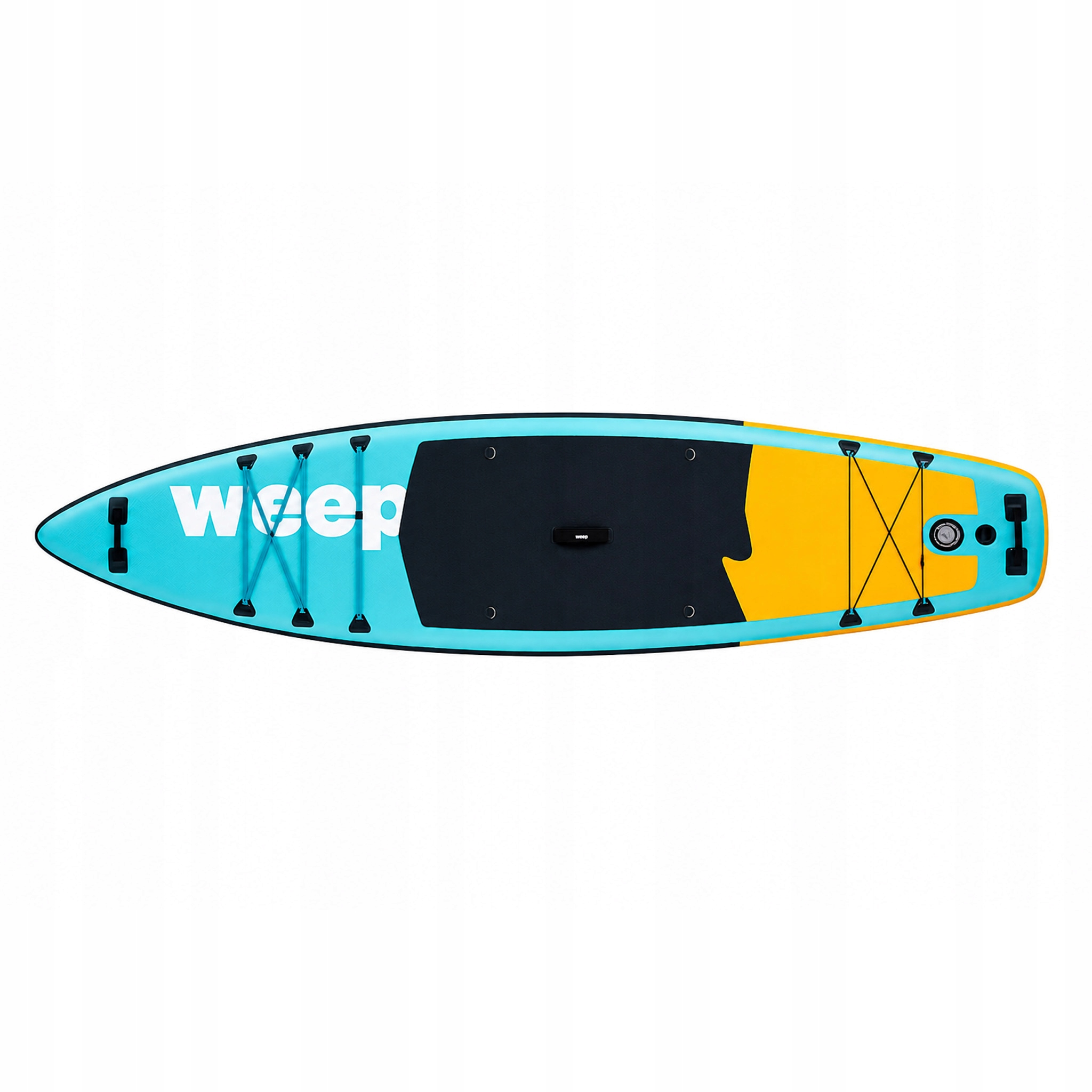 Ein blaues und gelbes Stand-Up-Paddleboard mit dem Schriftzug 'weep' in Weiß.