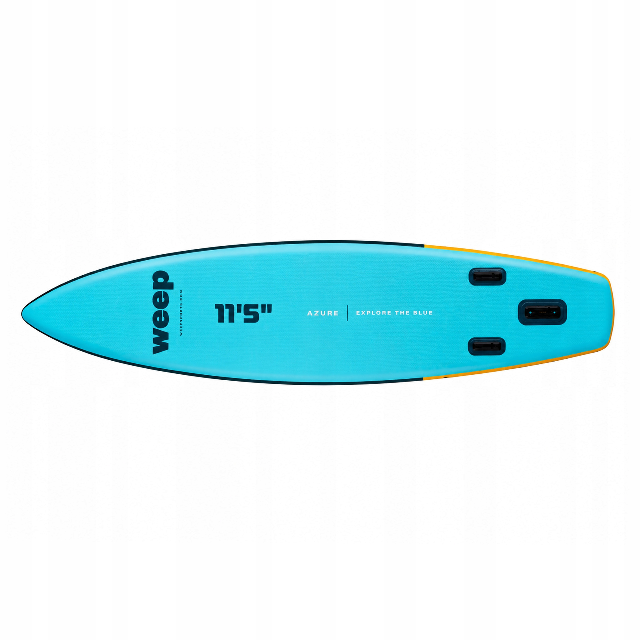 Eine blaue Stand-Up-Paddle-Board-Oberseite mit gelben Akzenten und Griffen.
