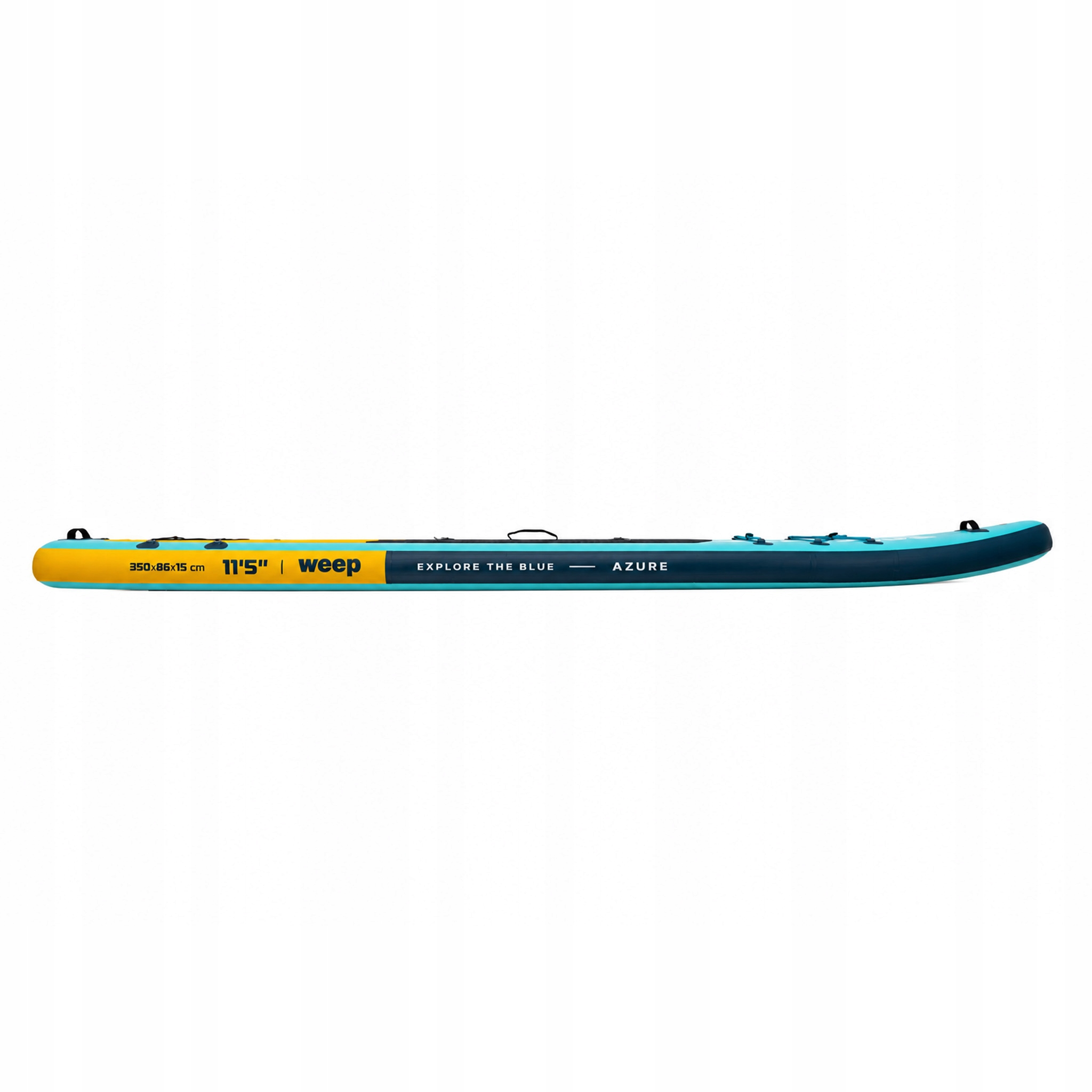 Ein aufblasbares SUP-Board in Gelb und Blau mit Aufdrucken.
