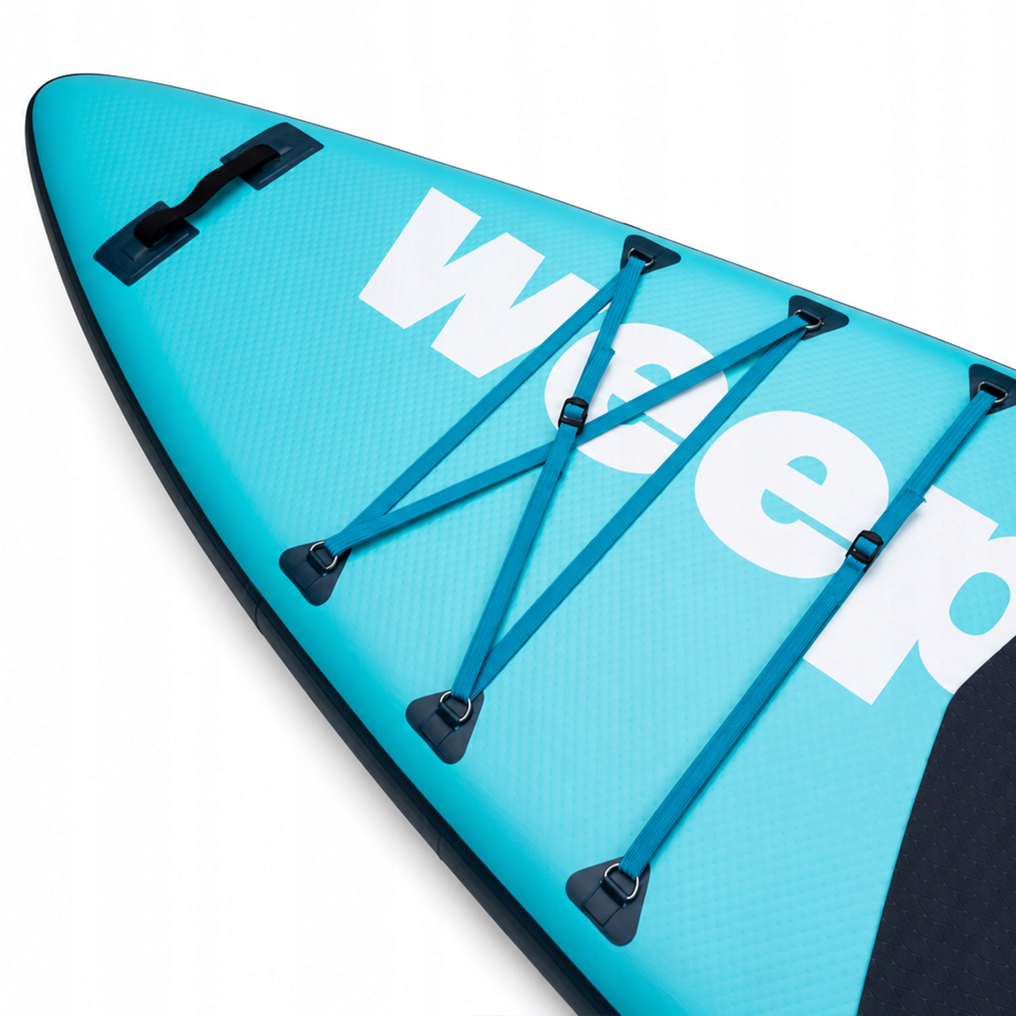 Türkisfarbene Stand-Up-Paddle-Board-Spitze mit weißen Buchstaben und blauen Gummibändern.