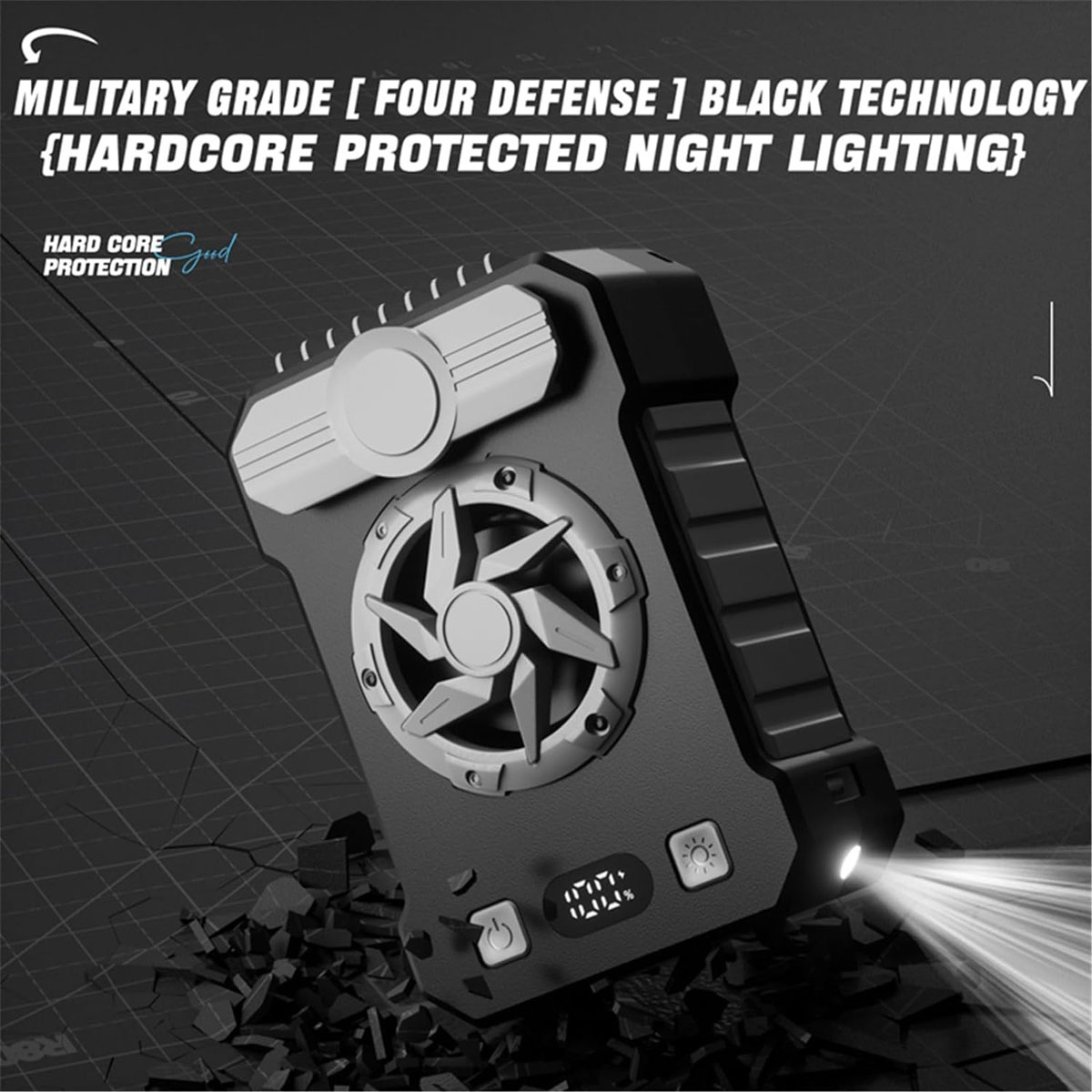 Schwarzer Lüfter mit Licht und Display, Militärqualität, auf zerbrochenem Boden.