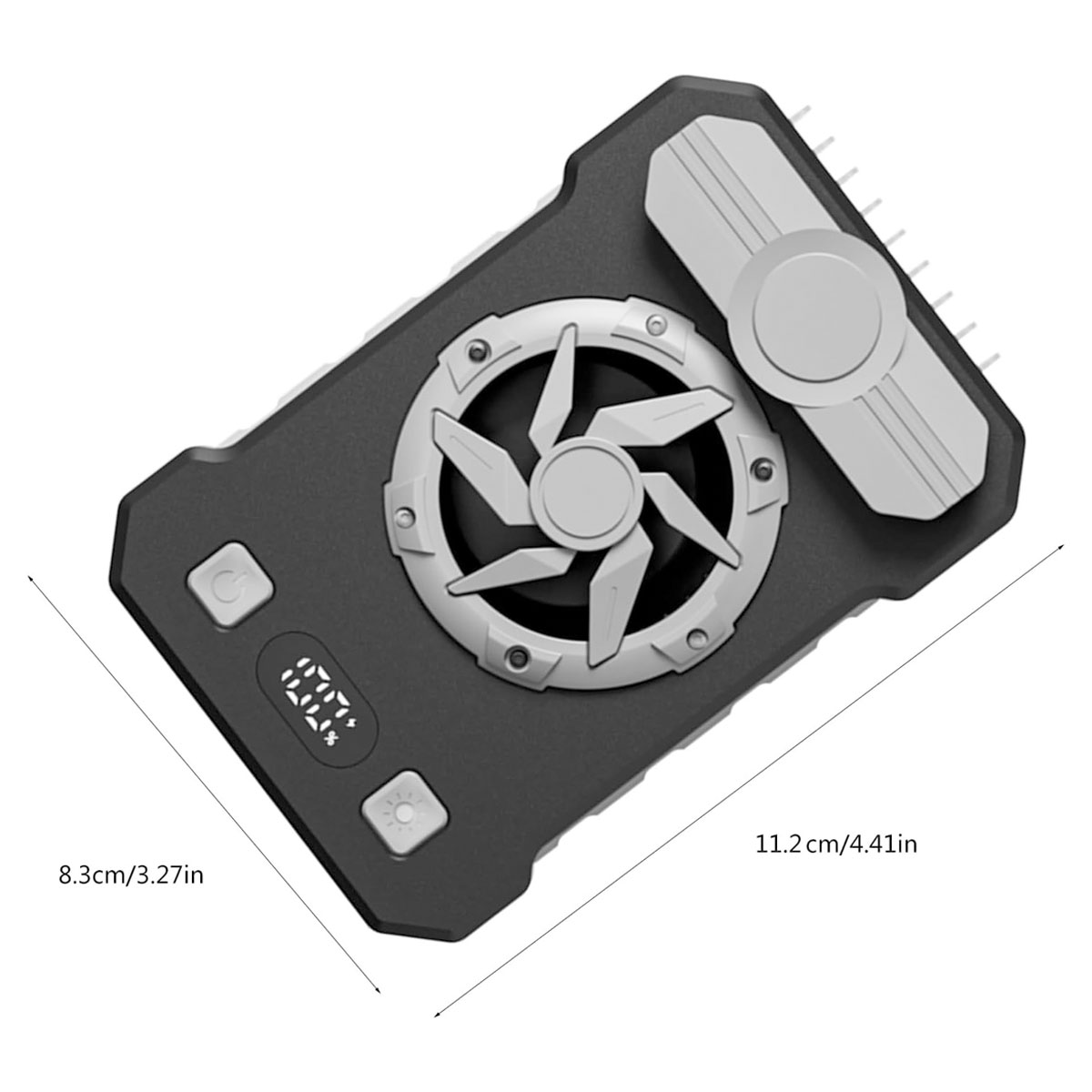 Schwarzes Handy-Kühlgehäuse mit Lüfter, Display und Maßen 8,3x11,2 cm.