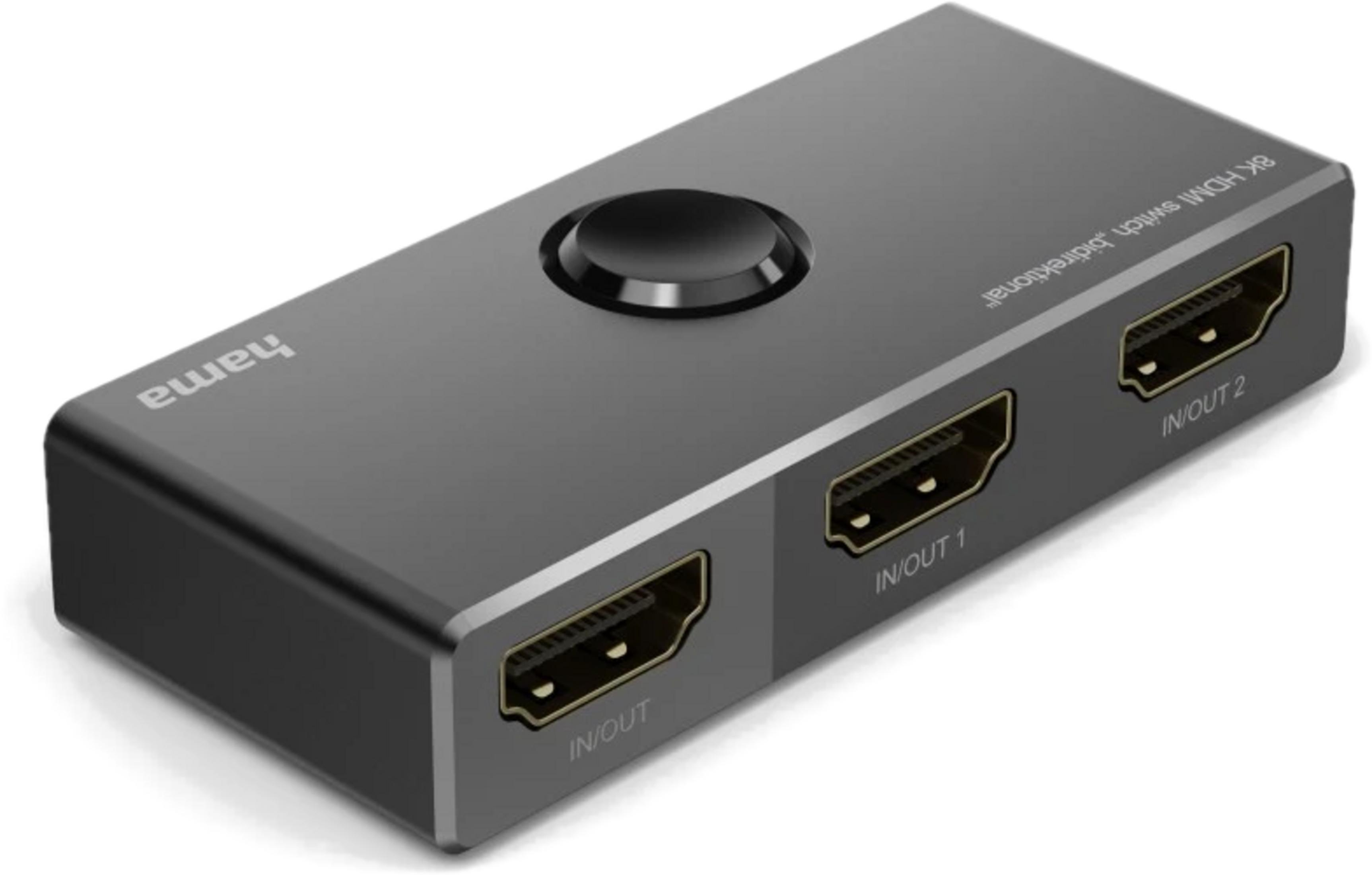 Grauer 8K HDMI Umschalter von Hama mit drei Anschlüssen und einem Knopf.