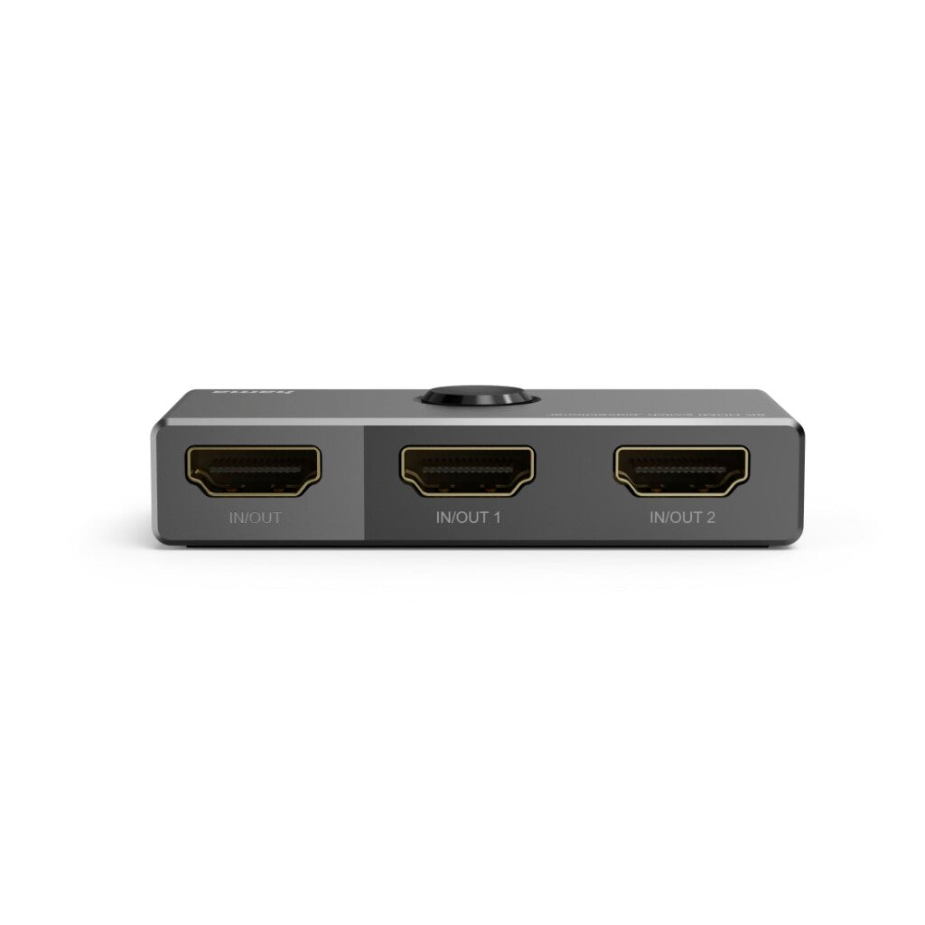 Grauer HDMI-Switch mit drei Anschlüssen: IN/OUT, IN/OUT 1, IN/OUT 2.