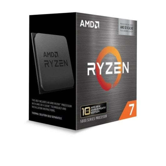 Pudełko procesora AMD Ryzen 7 z logo Ryzen, serii 5000 i technologią 3D V-Cache.