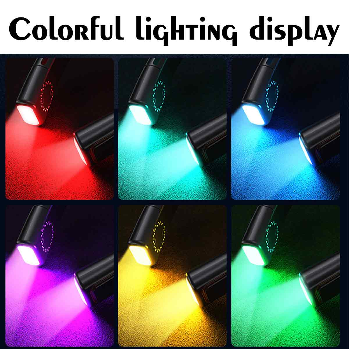 Sechs Lichter zeigen verschiedene Farben: Rot, Türkis, Blau, Lila, Gelb und Grün.