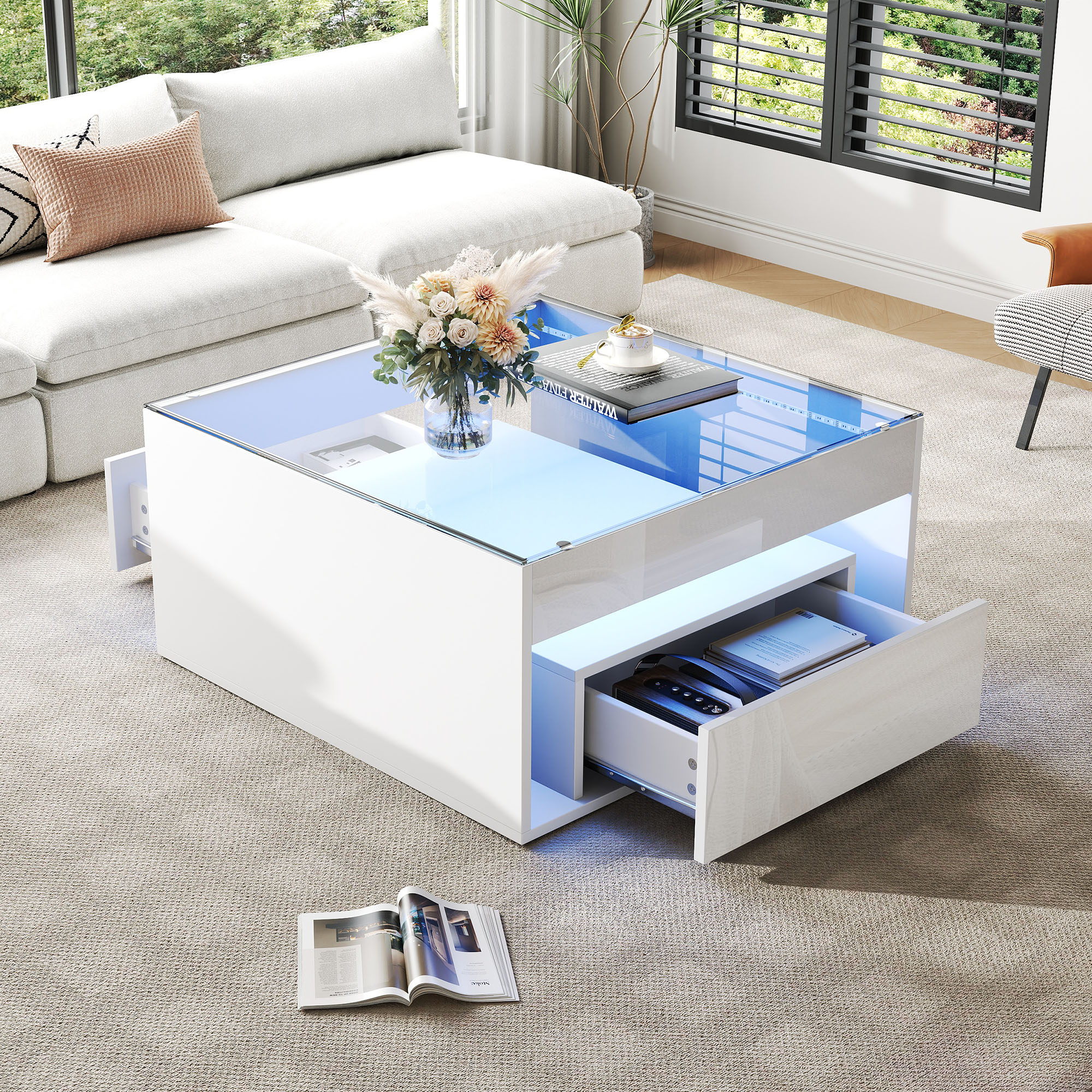 MC STAR mit 2 Schublade,aus gehärtetem Glas mit LED couchtisch